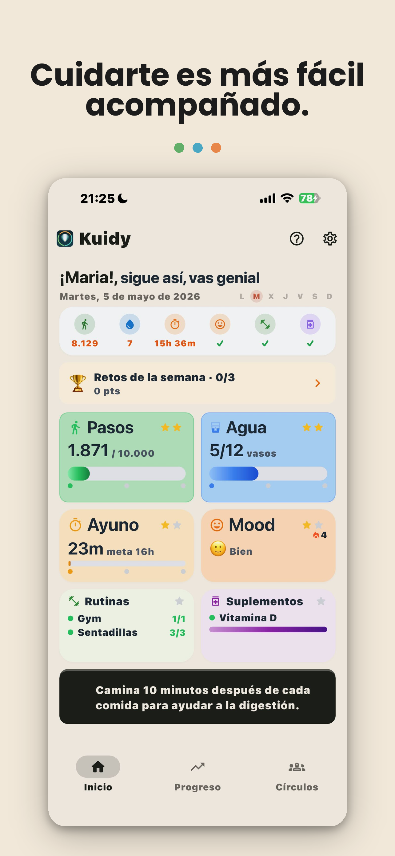 Pantalla de inicio de la app Kuidy
